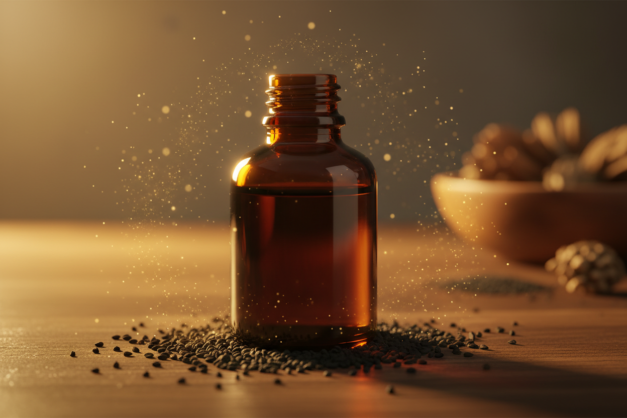 "Create a wide 16:9 hero banner featuring a premium amber bottle without any logoBlack Seed Oil (Nigella Sativa). Showcase the bottle as the main focus in the center with a luxurious, warm and inviting atmosphere. Include natural elements such as black seeds, wooden textures golden glow to express purity, wellness and nourishment. The style should be high-end, realistic, rich in detail and visually striking—perfect for a premium brand. Add subtle depth, soft shadows and